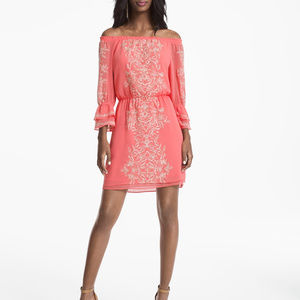 Off the Shoulder Embroidered Boho Neon Pink Dress